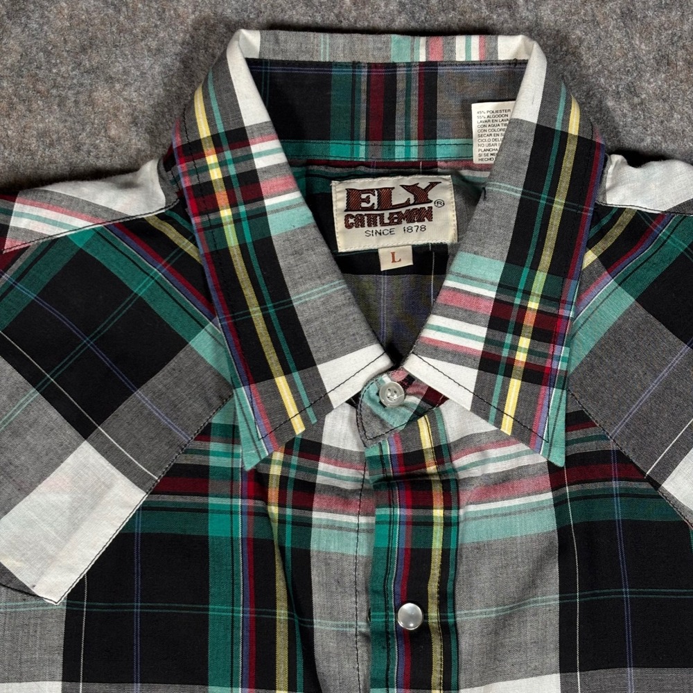 VTG Ely Cattleman Western Shirt Mens L Multi Color Teal Plaid Pearl Snap‎ Cowboy - Picture 2 of 11